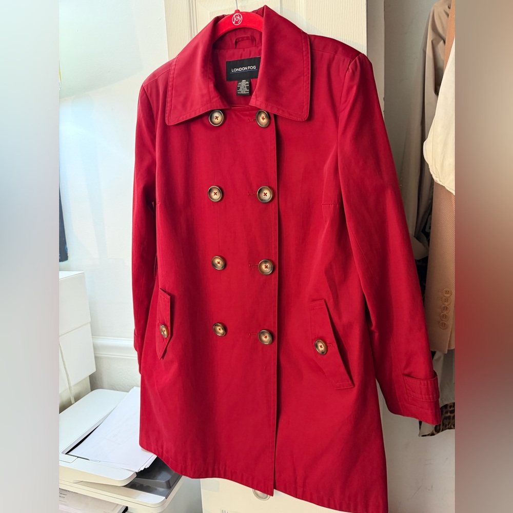 London Fog Red Double Breasted Trench Rain Coat Jacket Size M Classic Chic Bold - Picture 6 of 13
